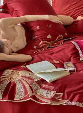 HOC韩婚庆100长支绒棉四件唯美蝴式蝶结刺绣全棉结婚被套床套上用