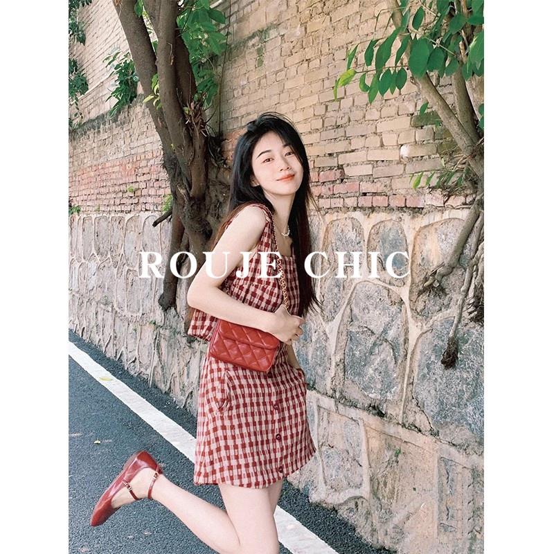 法国Rouje Chic复古格子吊带背心连衣裙夏季高腰短裙两件套套装女