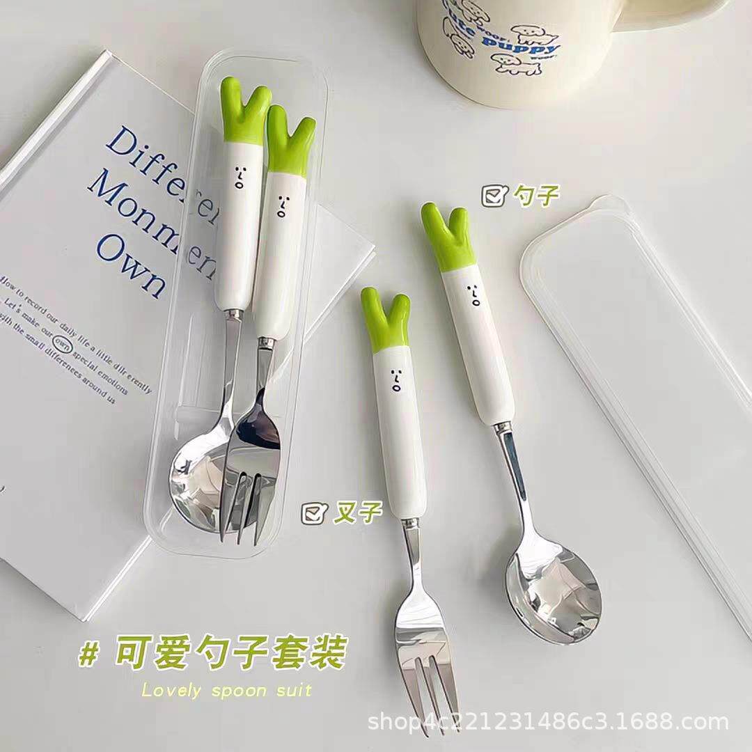 高颜值餐具可爱大葱勺子叉子筷子卡通创意三件套餐具便携家用吃饭