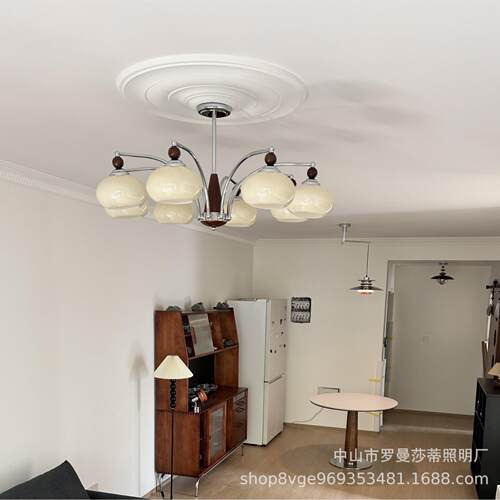 包豪斯奶油风中古客厅吊灯设计师实木创意柿子玻璃餐厅卧室吊灯