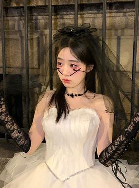 黑色万圣节头纱新娘结婚哥特风立体蝴蝶派对影楼写真拍照道具配饰