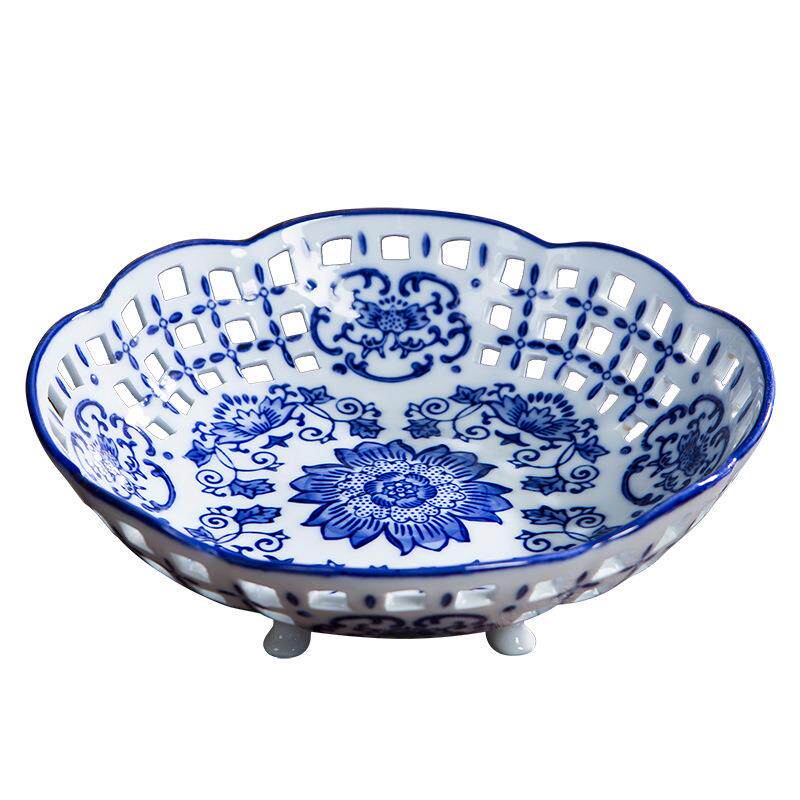 景德镇陶瓷釉下青花镂空果盘套装现代家居装饰品陶瓷工艺品摆件