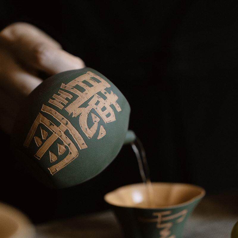 束刻紫砂手工井本山绿云雀侧把壶端手作刻字文人茶壶家用泡茶壶