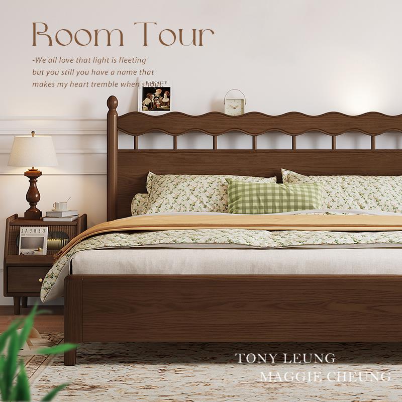 中古风全实木床法式复古美式胡桃木色温莎1米8双人高箱储物白蜡木