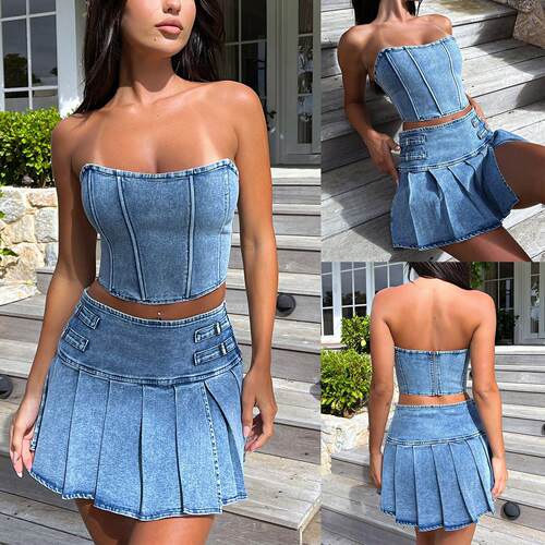 Cowboy skirt set with strapless denim double pleated