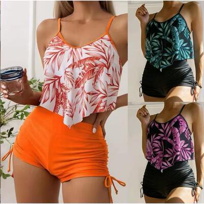 Swimsuit women's leaf print large lotus leaf drawstring