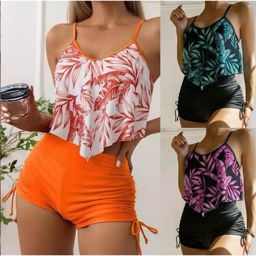 Swimsuit women's leaf print large lotus leaf drawstring