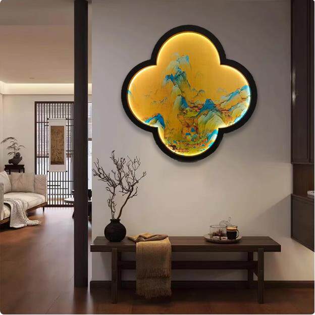 新中式装饰画玄关挂画入户走廊过道壁挂式高级感山水画发光壁灯