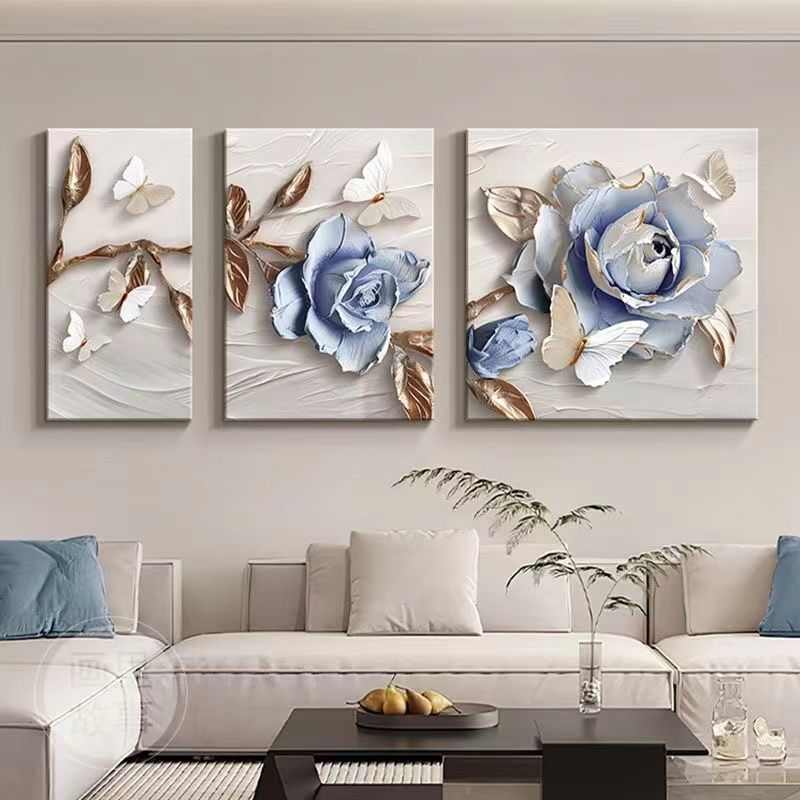花卉奶油立体浮雕感客厅装饰画简约沙发背景墙肌理挂画三联画图片