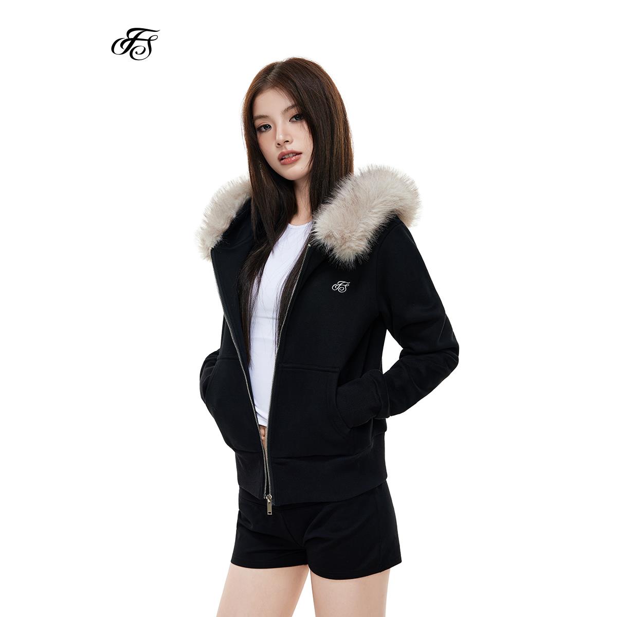 FISSXS 修身显瘦短款毛领开衫外套女连帽休闲百搭卫衣