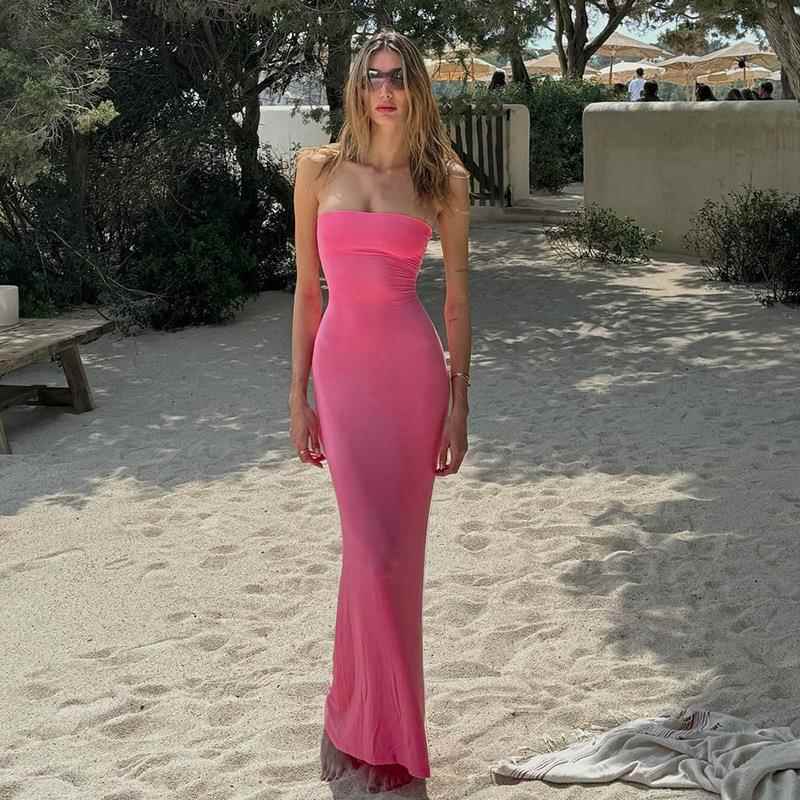 Women Backless Lace Up Tie Back Bodycon Dress Maxi Tube - 实物图