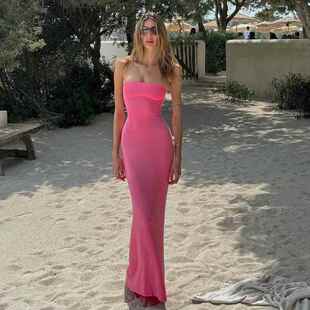 Women Backless Lace Up Tie Back Bodycon Dress Maxi Tube