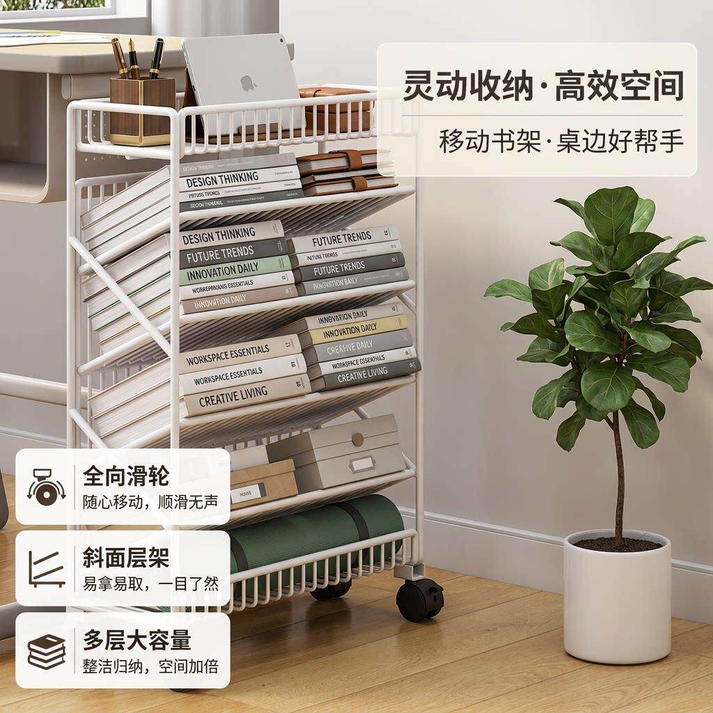 移动式书架桌边收纳层架教室课桌旁学生放书本架子带轮置物架