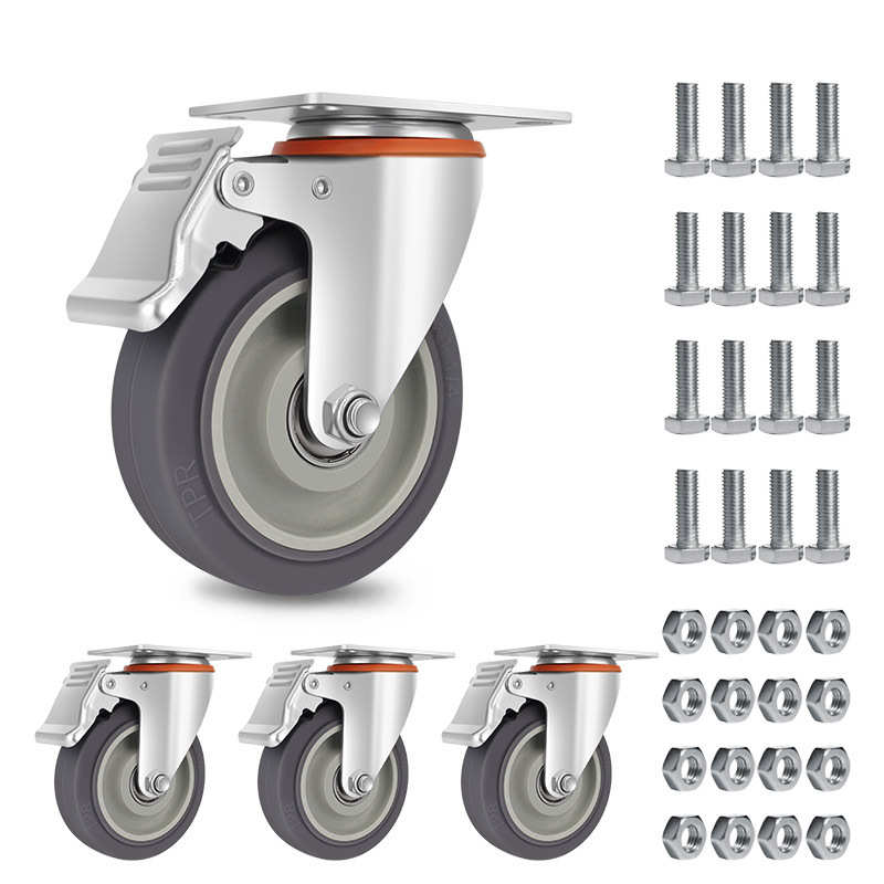 套装轮带中型手推车万向轮子耐磨脚轮刹车工业灰色tpr脚轮静音