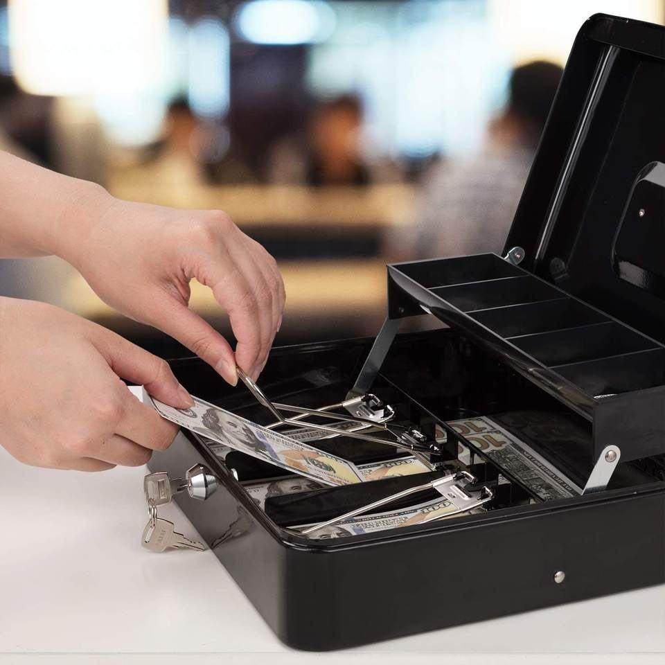 钱箱收银箱手提金库金属带锁多功能双层零钱现金储蓄盒密码收纳盒