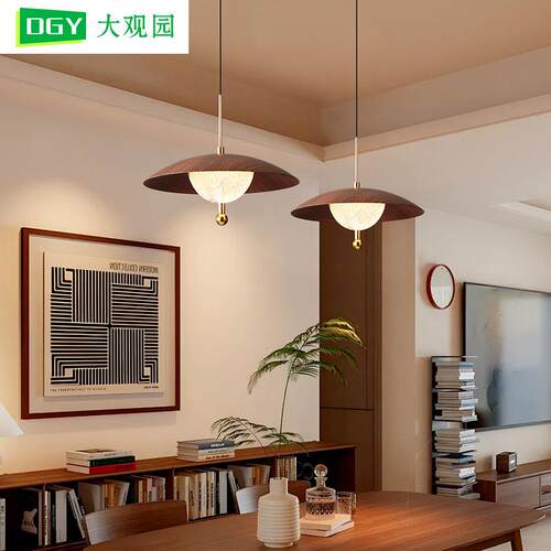 餐厅吊灯中古风法式胡桃木纹新款智能触摸感应灯吧台升降灯具669L