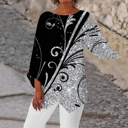 Women's printed marble textured collar nine quarter sleeve