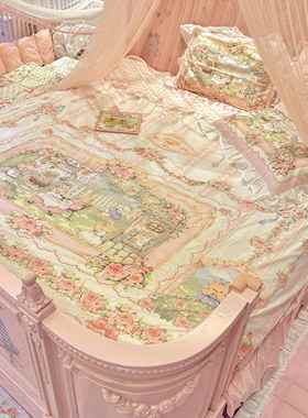 梦境编织【现货】原创春日记粉色支贡缎长绒棉全棉床上四件套