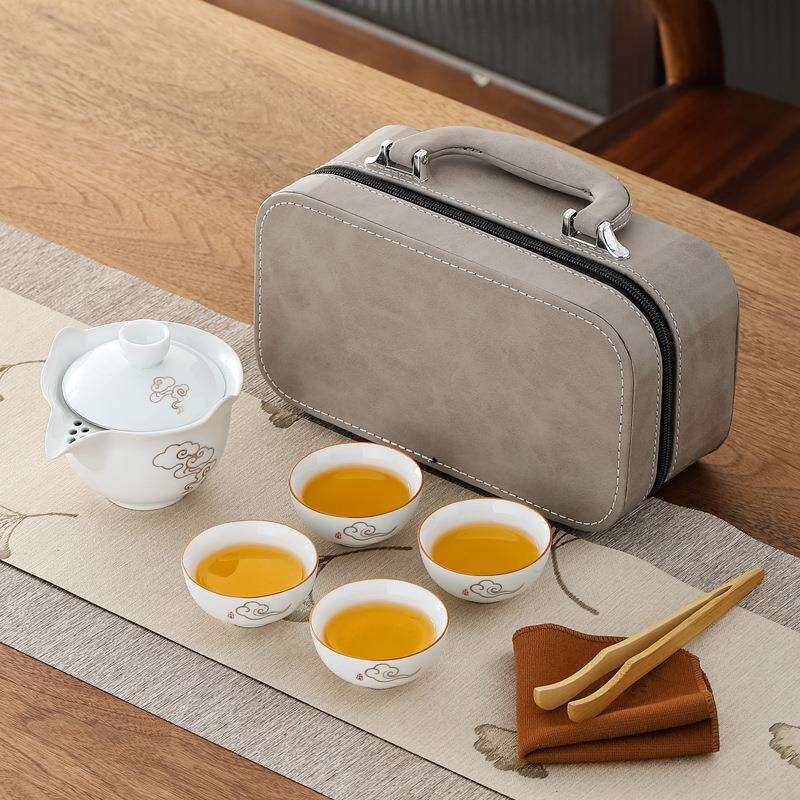 羊脂玉白瓷手抓壶手绘旅行茶具套装便携式拎包防烫户外功夫陶瓷具