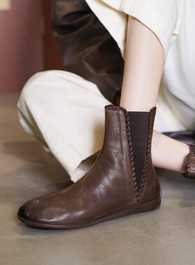 【意大利】René Vanvilla头层牛皮?平底2.5cm 软底切尔西短靴女