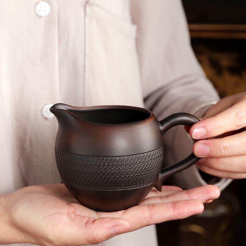 陶瓷公道杯紫陶分茶器耐热复古手工粗陶茶海带把公杯功夫茶杯高档