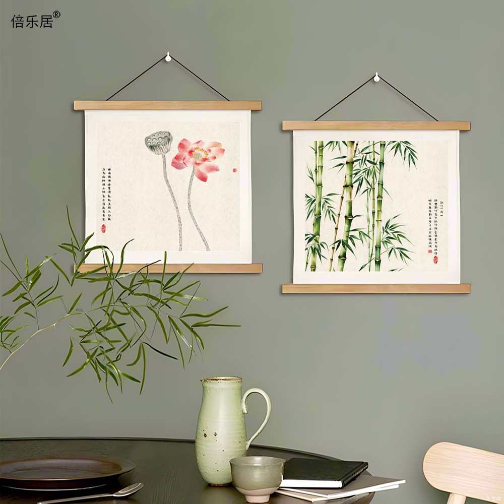 新款中式荷花装饰画挂画客厅餐厅简约花鸟壁画遮挡墙画竹子布艺画图片