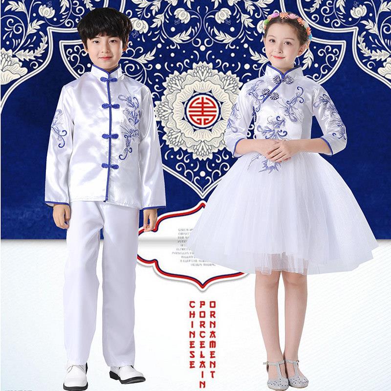 儿童青花瓷合唱服中国风古筝礼服中小学生诗歌朗诵大合唱演出服装