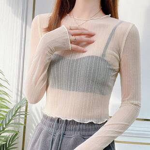 蕾丝上衣0325z 洋派亮丝紧身短款 春夏白色网纱打底衫 女内搭薄款