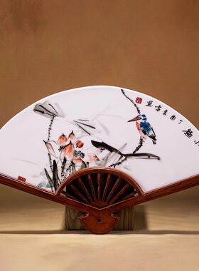 原创国风瓷扇 清华美院学子九州画院院长闫春雷手绘中式装饰摆件