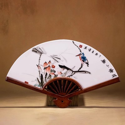 原创国风瓷扇 清华美院学子九州画院院长闫春雷手绘中式装饰摆件