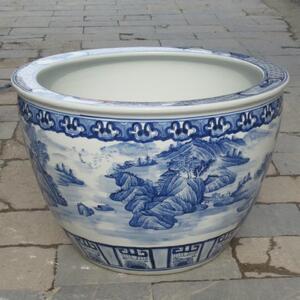 陶瓷工艺品手绘青花山水装饰落地大鱼缸超大锦鲤缸泡澡缸