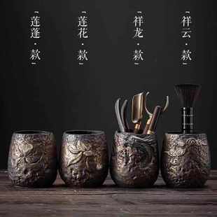 茶针茶勺茶夹养壶笔 复古粗陶茶道六君子黑檀木金属泡茶工具套装