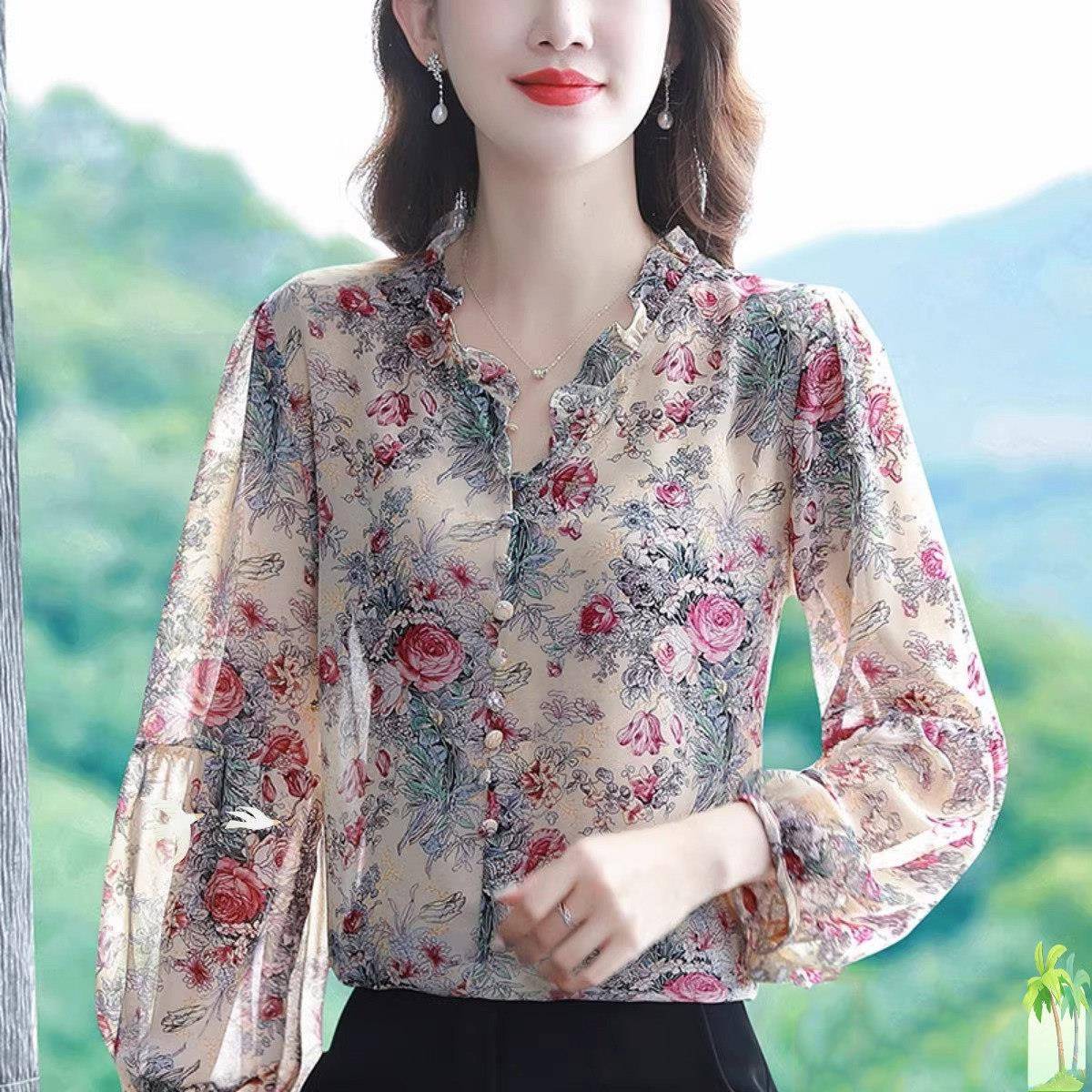 碎花雪纺衬衫女士长袖春秋2025年新款洋气设计感小众印花衬衣上衣