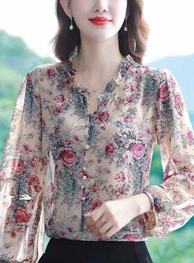 碎花雪纺衬衫女士长袖春秋2025年新款洋气设计感小众印花衬衣上衣