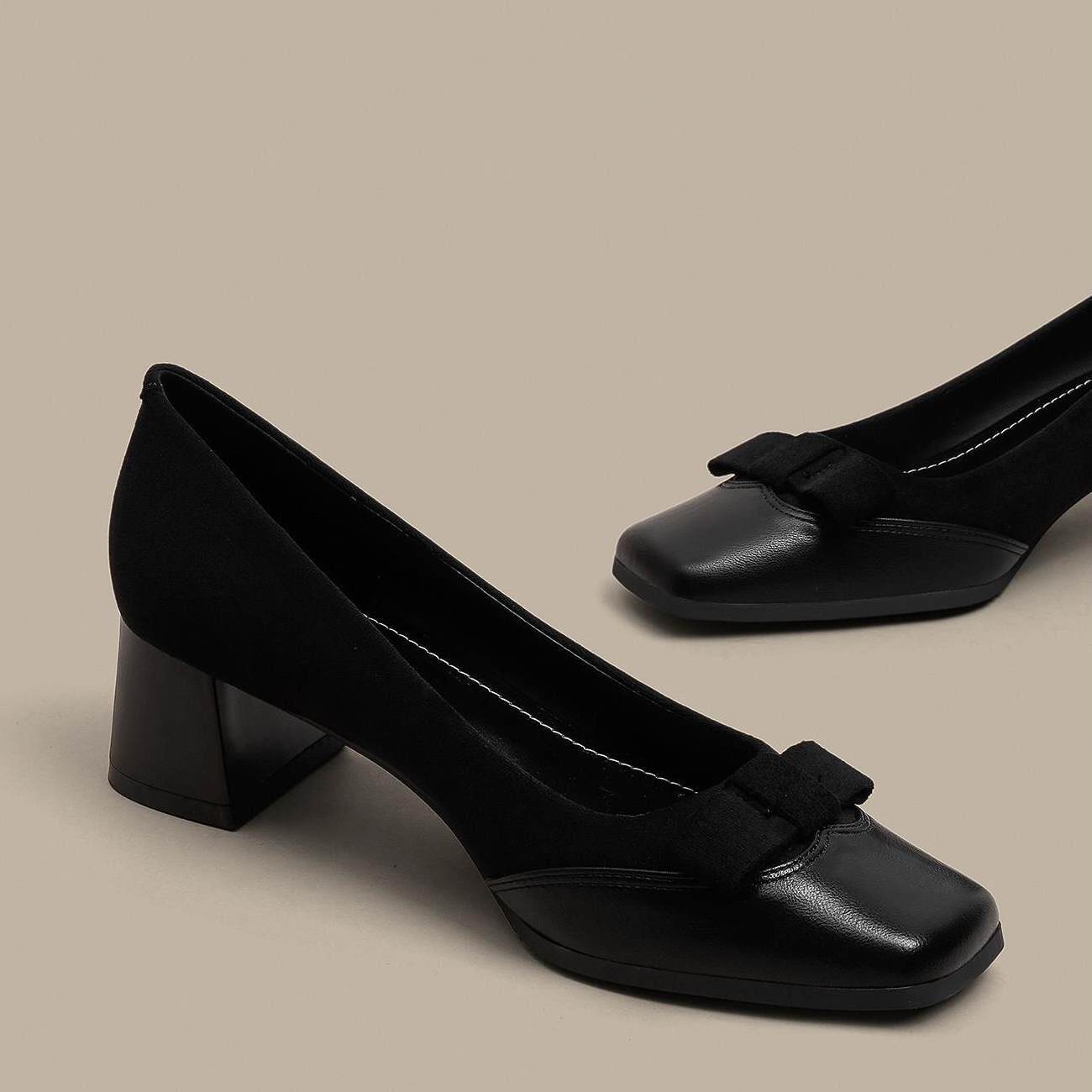 Cozyroom高级感黑色蝴蝶结粗跟单鞋女春秋新款绒面软皮高跟鞋舒适