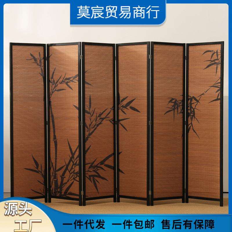 新中式屏风隔断客厅茶楼入户玄关国风竹影装饰墙竹编围挡阳台改造