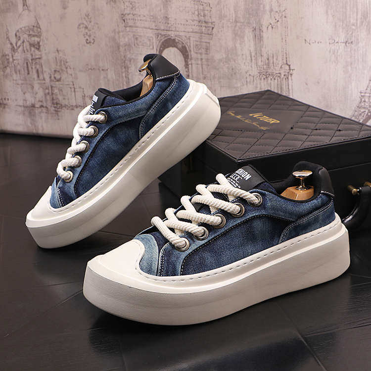 男鞋2023夏季新款潮流透气厚底印花水洗牛仔布鞋百搭男士休闲板鞋,流行男鞋,休闲板鞋,淘宝优惠券,粉丝福利购,淘宝优惠卷