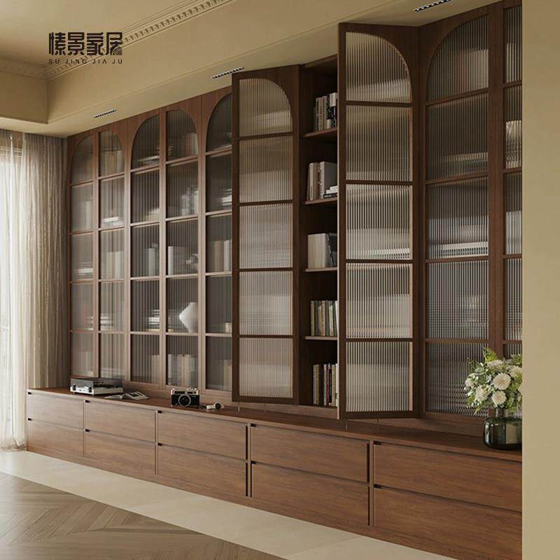 定制黑胡桃原木满墙书架绘本展示柜全实木整面墙书柜落地尺寸定制