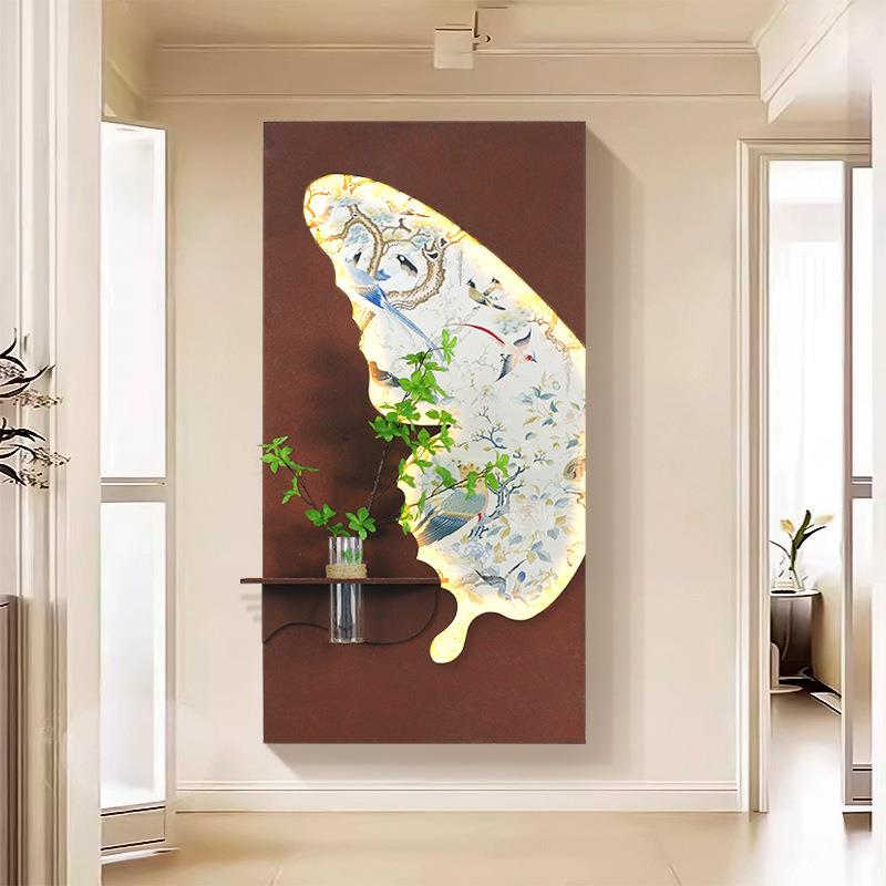 法式中古风玄关装饰画水培绿植客厅挂画竖版高档走廊过道led灯画