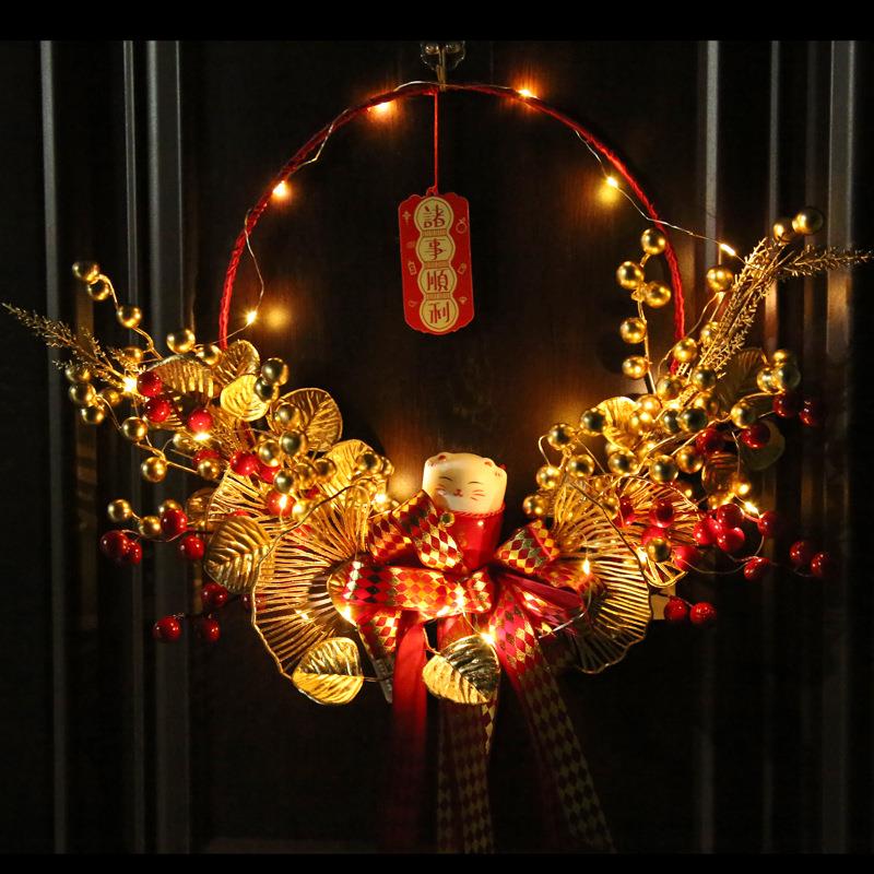 春节发光装饰挂件金红叶子招财猫蝴蝶结花环冬青果过年装饰花环壁