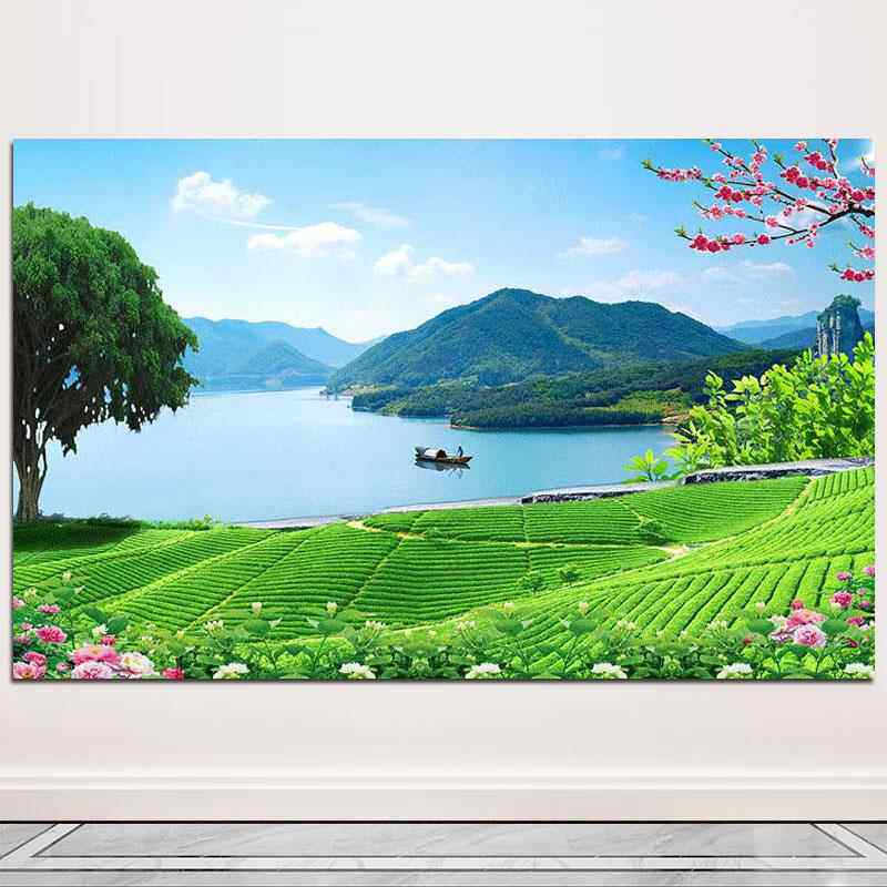 蓝天白云茶园茶山图唯美山水风景画田园风光客厅茶庄背景墙画自粘