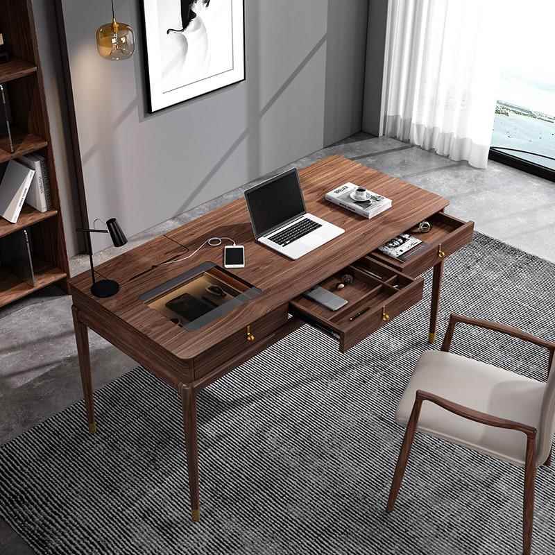 北美胡桃木书桌简约轻奢全实木电脑桌带抽屉强收纳家用办公写字台