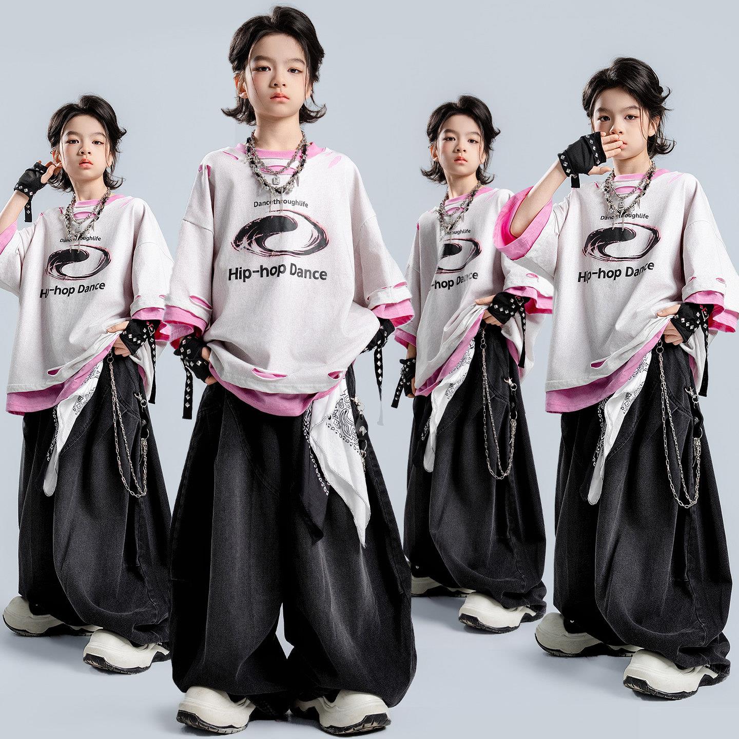儿童街舞潮服少儿嘻哈割洞宽松演出服男女童阔腿牛仔裤炸街表演服