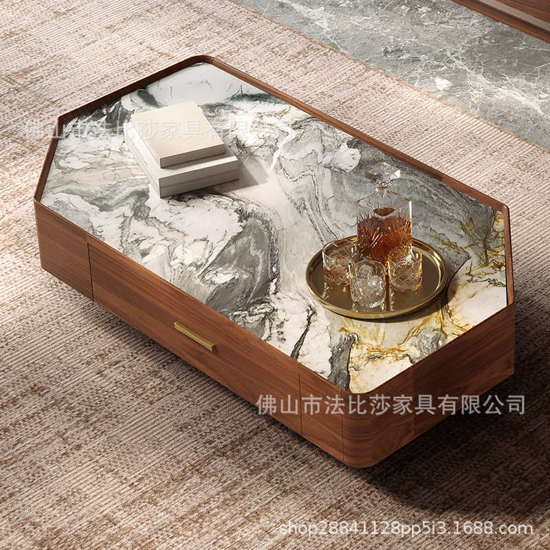 新中式乌金木岩板茶几电视柜简约现代客厅北美黑胡桃木色抽屉储物