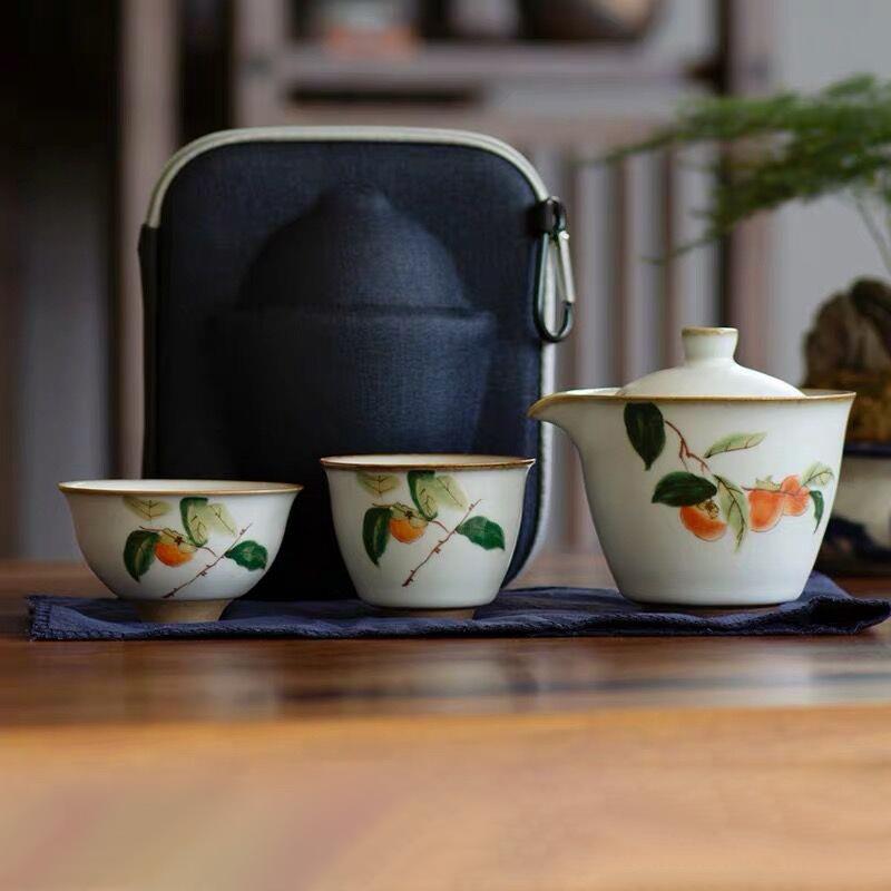 复古汝窑开片柿子快客杯一壶二杯 陶瓷功夫茶具套装便携旅行茶具