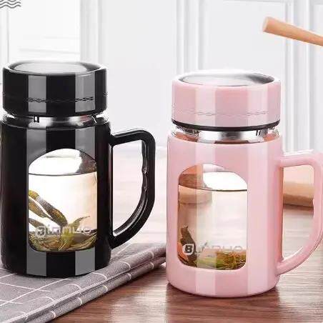 水杯女家用办公室玻璃杯茶水分离泡茶杯防摔带盖子把手个人