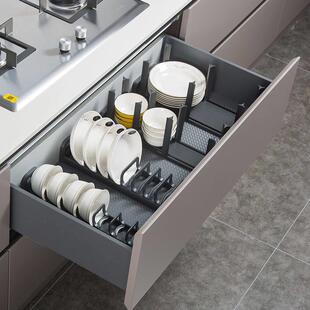 消毒碗柜内置架厨房抽屉碗碟收纳架橱柜内置分隔碗盘置物架可调节