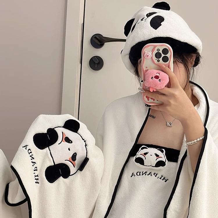 熊猫珊瑚绒毛巾浴巾套装可爱卡通少女心干发帽浴裙吸水加厚三件套
