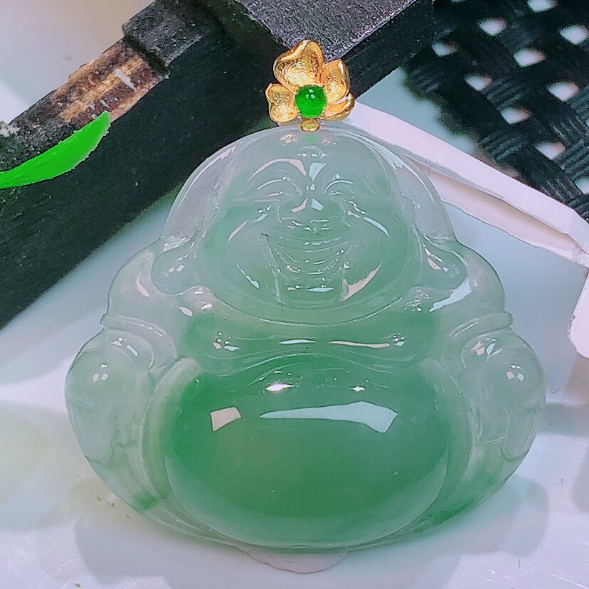 缅甸天然真品翡翠18k金镶嵌冰种满绿满色高端精品闪拍佛公玉吊坠