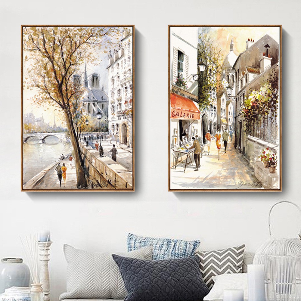 现代客厅简约装饰画喷绘水彩街景酒店宾馆店面家装玄关挂画